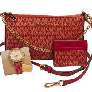 New Michael Kors Xbody Bag, Cardholder & Tibby MK Red  signature Matching Watch